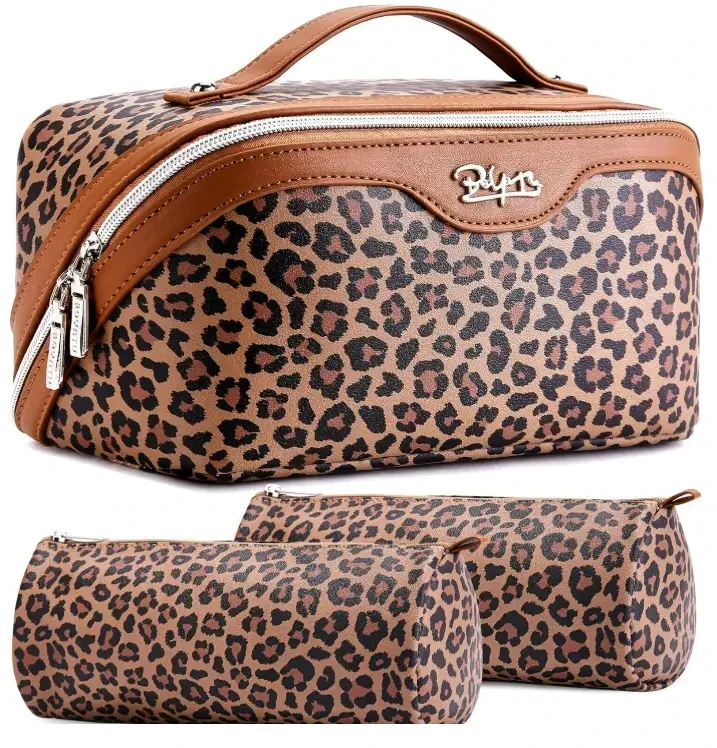 BOYATU Travel Makeup Bag Organizer: 3 Pcs Leopard Cosmetic Bag Set for Women