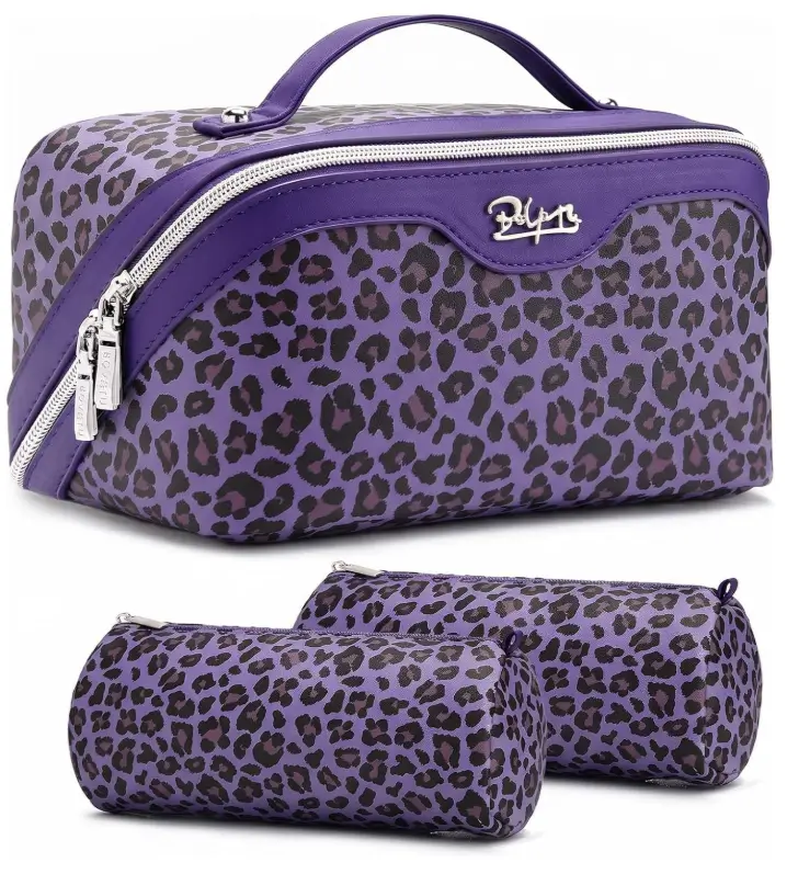 BOYATU Travel Makeup Bag Organizer: 3 Pcs Leopard Cosmetic Bag Set for Women