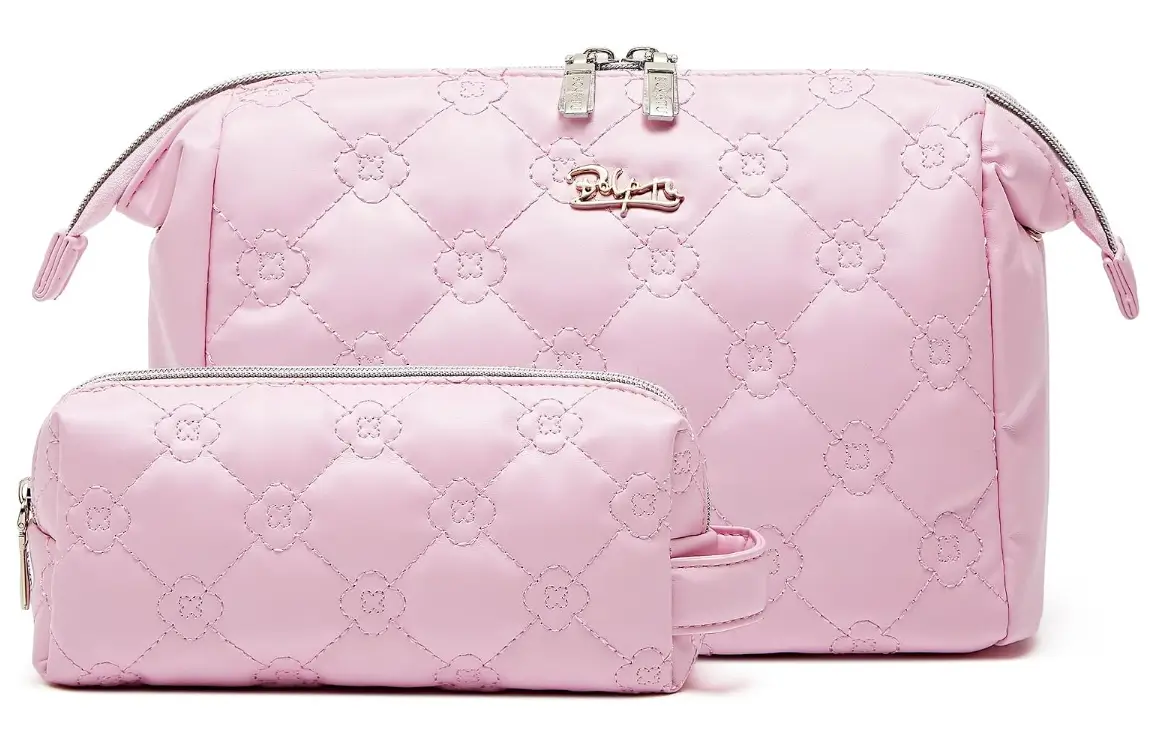 BOYATU Travel Makeup Bag Cosmetic Pouch: 2 Pcs Set Waterproof Vegan Leather Cosmetic Bags for Women - Cute Quilted Skincare Make up Toiletry Bag for Girl (01-Pink)