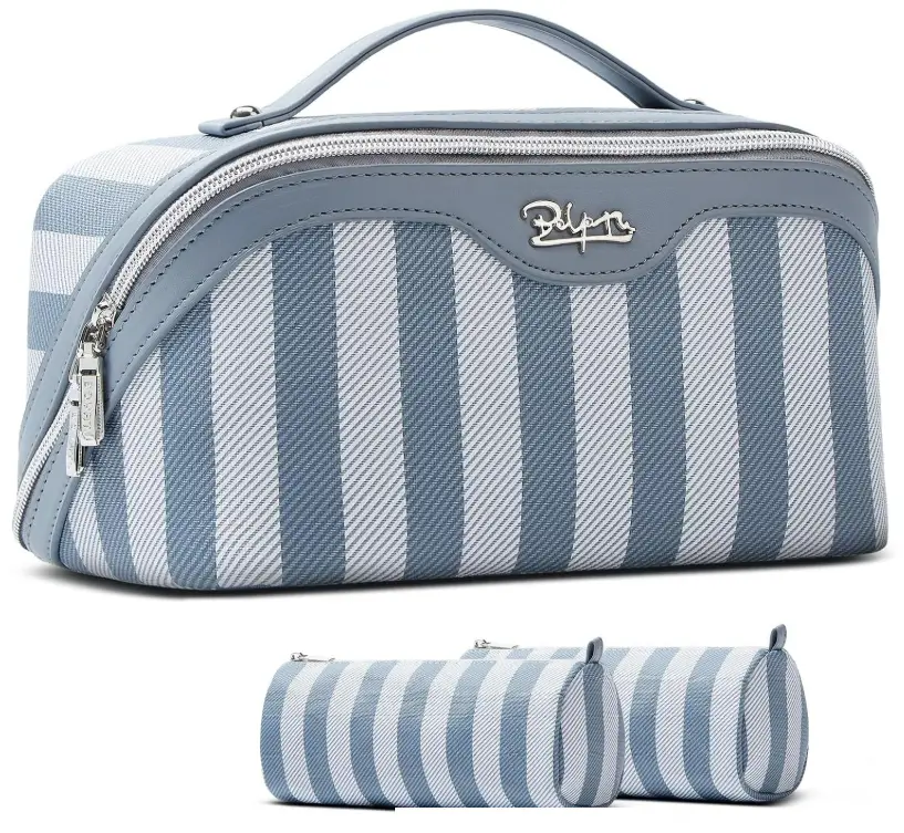 BOYATU Travel Makeup Bag for Women: 3 Pcs Set Striped Make up Bag,Blue
