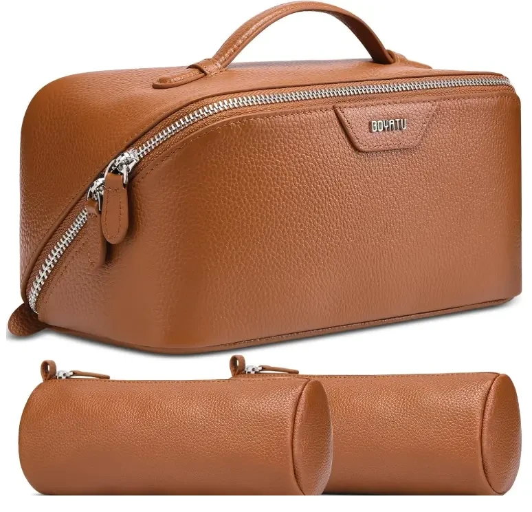 BOYATU Genuine Leather Travel Makeup Bag: Hand-made 3 Pcs Set Cosmetic Bags